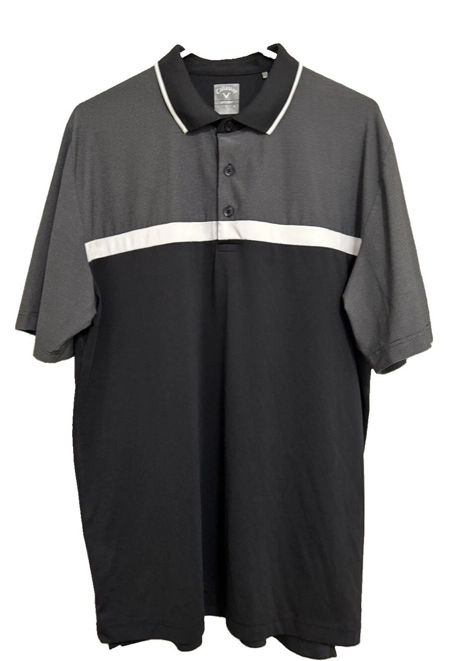 Callaway Men’s Opti-Dri Golf Polo V Swing Tech Black Gray & White Size L EUC!
